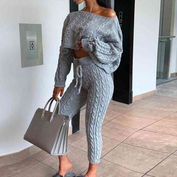 

womens casual knit 2 piece sets autumn winter long sleeve sweater pullover crop and pants female set, Gray
