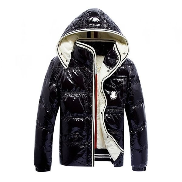 Para sempre clássico moda encapuçado chapéu destacável homens inverno para baixo jaqueta manga longa manter quente tecido brilhante preto e azul 201114