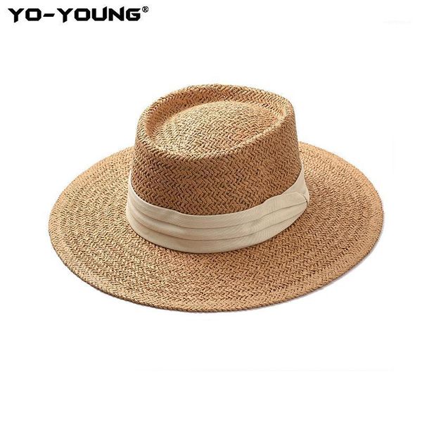 

yo-young ladies handmade natural straw hat summer beach hat women panama cap fashion concave flat protetion visor sun boat hats1, Blue;gray