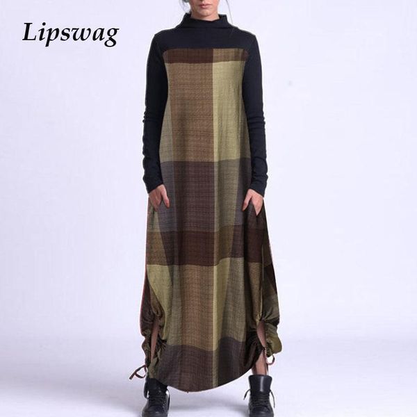 

women long sleeve cotton linen maxi dress spring elegant half-turtleneck party dress retro casual loose plaid long vestido1, Black;gray