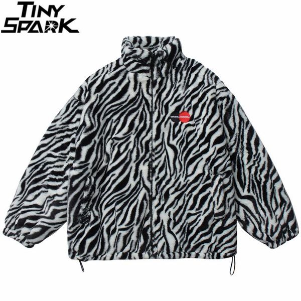 

bomber jacket men streetwear harajuku embroidery zebra print furry jacket coat 2021 winter casual coat outwear thick, Black;brown