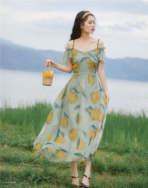 

spot avocado green dress female condole belt light ripe wind restoring ancient ways print gown1, Black;gray