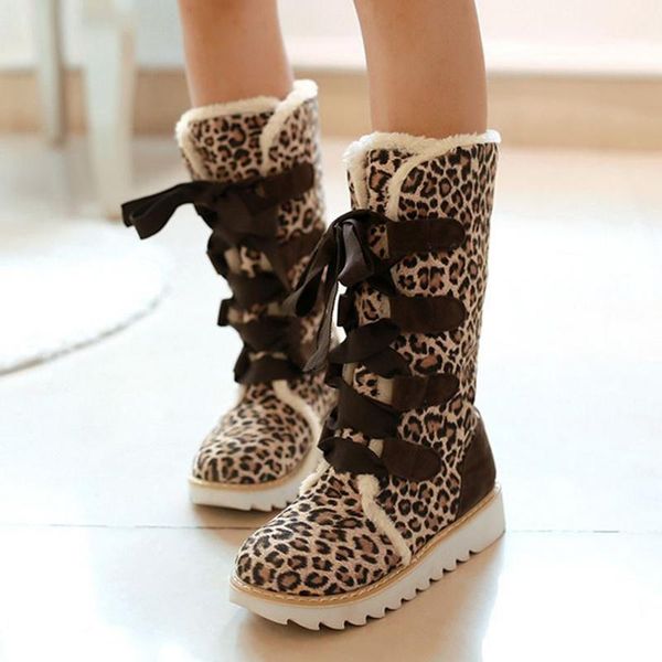 

mid calf snow boots platform women shoes black leopard blue lace up fur boots fashion ladies winter footwear plus size 431