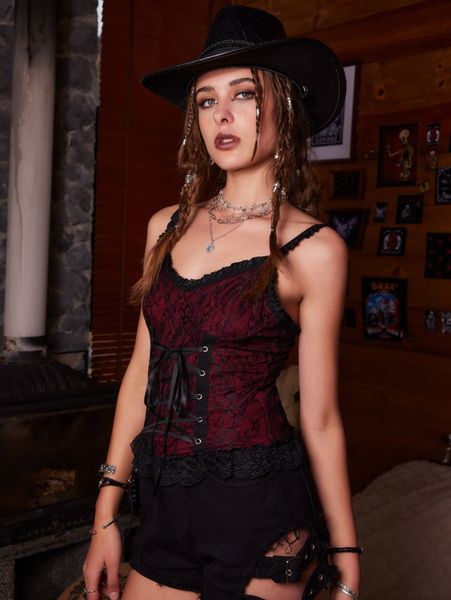 

romwe lace up contrast lace cami 19vw#, White