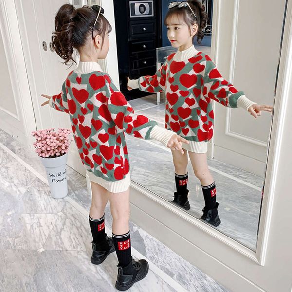 

children's new school 2020 middle winter long korean girls' print bottomed sweater, Blue