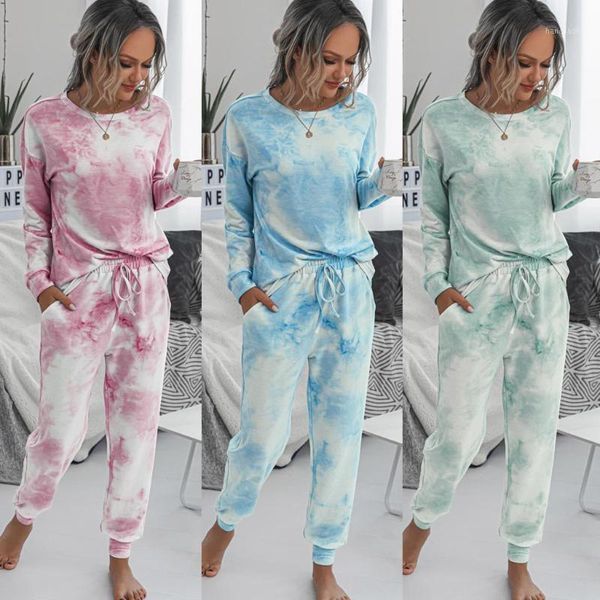 

gym clothing 2021 2 piece set gradual tie-dye print sweatsuit casual long sleeve t shirt+pants women's two elegant outfits 21g31, White;black
