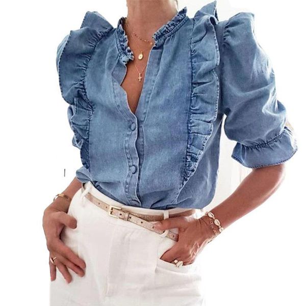 

boho inspired джинсовая блузки женщина рябить вершины v-образный вырез слоеного рукав случайного голубой блузки женского плюс размера хлопок, White