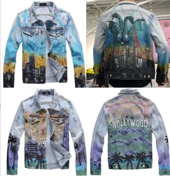 

denim jacket men hip hop streetwear coat printing cowboy ripped distressed jean jackets men coconut tree big size m-xxxxl, Black;brown