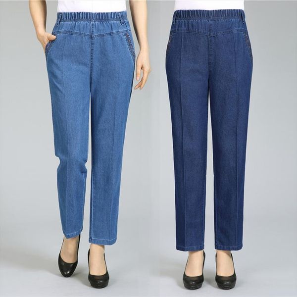 

plus size 5xl high waist nine points jeans female spring autumn large size straight mother casual elastic denim trousers w845, Blue