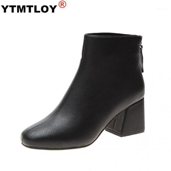 

boots 2021 fashion leather ankle women thick high heels zipper pointed toe autumn winter woman shoes square heel white black1, Black