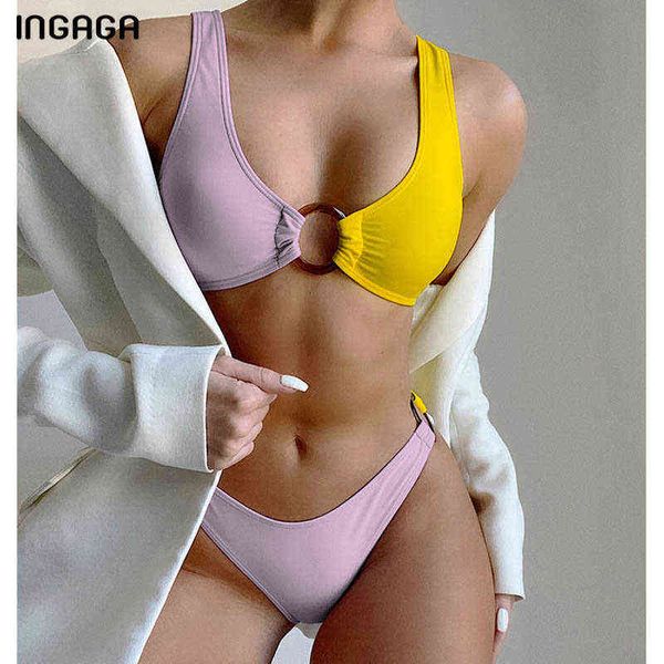 

swimsuit ingaga patchwork bikini women's swimsuit fashion ring linked swimwear two tone bathing suit beachwear bikinis set, White;black