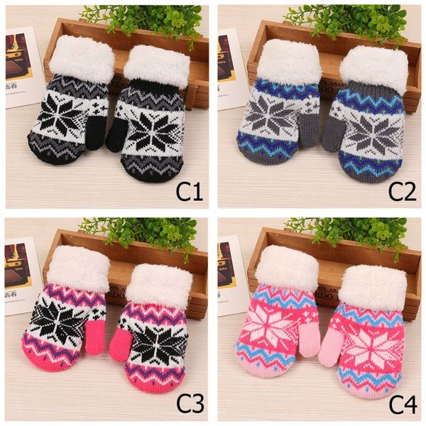 

winter children warm gloves plus velvet thick knitted woolen mittens boy and girl finger outdoor snowflake glove, Blue;gray