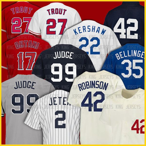 

99 aaron judge 2 derek jeter baseball jerseys 22 clayton kershaw 35 cody bellinger 27 mike trout 17 shohei ohtani men jersey, Blue;black