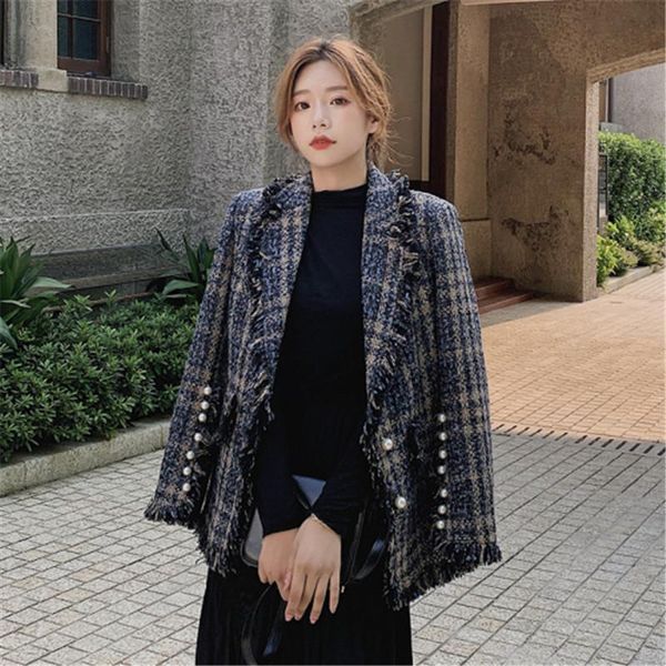

2020 autumn winter women lapel tassels jacket coat fashion plaid nail bead long sleeves coat woman casual jacket, Black;brown