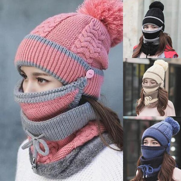 

newly 3pcs womens winter scarf set thickend knitted hat scarf face cover outdoor dod886, Blue;gray