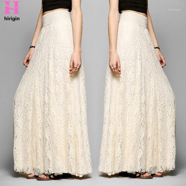 

hirigin new fashion boho lace long skirts women girl double layer flower pleated maxi long skirts elastic waist skirt1, Black