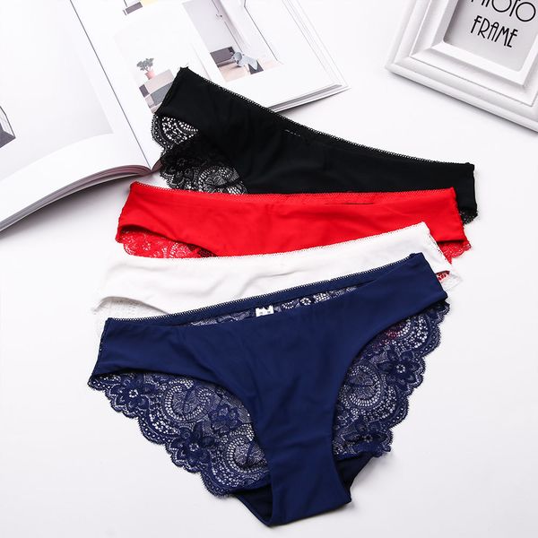 

women's ice silk seamless panty briefs intimates underwear comfortable lace splice panties, Black;pink