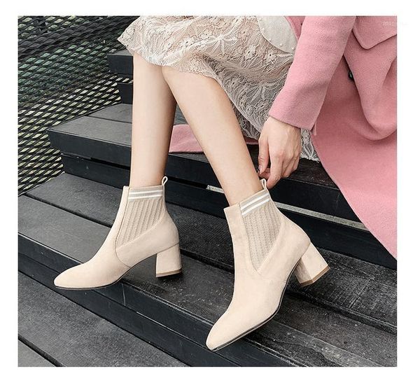 

2020 boots for woman fashion square high heels boot shoes winter flock solid slip-on ankle short plush boots dress shoes female1, Black
