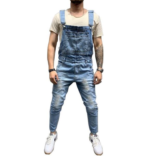 

men's fashion ripped denim bib overalls hi street distressed jumpsuits workwear suspender pants wit holes kg-888, Blue