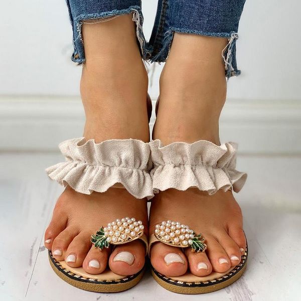 

2021 summer flat heel women ladies sandals toe ring bohemia sandals ananas flat shoe outdoor holiday slides 35-43, Black