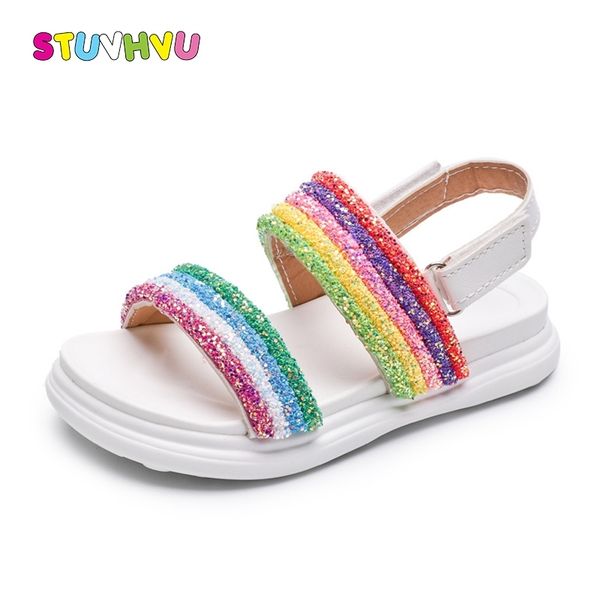 

children's shoes for girls sandals summer fashion rainbow kids beach shoes leather girls shoes white pink casual sandals y200619, Black;red