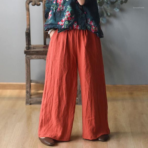 

women's pants & capris johnature women embroidery cotton linen wide leg vintage loose trouser 2021 summer solid color casual pants1, Black;white