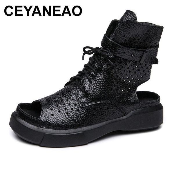 

ceyaneao 2020 fashion ladies sandals hollow out gladiator sandals women flats open toe genuine leather summer cool boots, Black