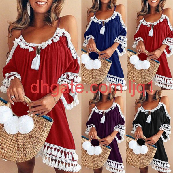 

2019 women's dress summer neckline tassel solid off shoulder jumpsuit skirt, Black;gray