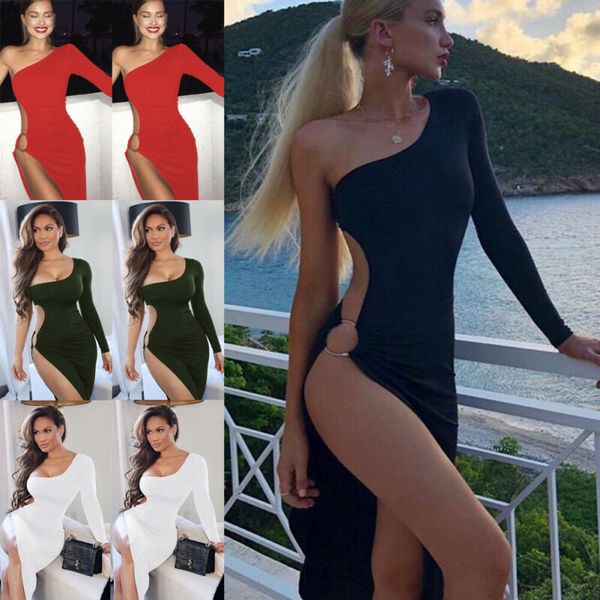 

womens dress hollow out slit fit asymmetry bodycon bandage midi summer one shoulder split party clubwear hot, Black;gray