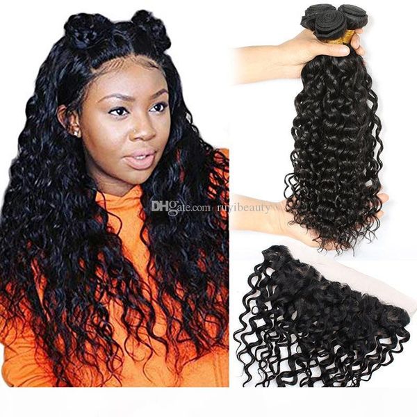 

indian virgin hair wefts with 13x4 lace frontal water wave bundles with lace frontal virgin hair extensions 8-30inch water wave curly, Black;brown