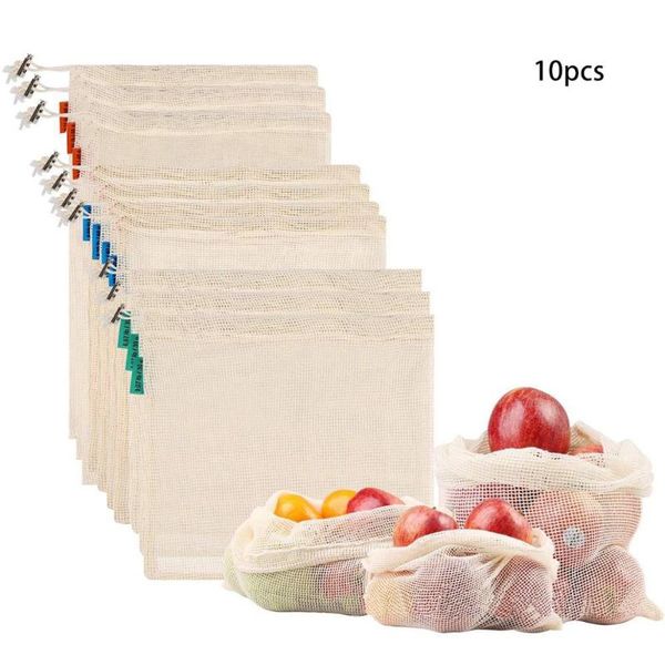 

10pcs reusable cotton mesh produce bags for vegetable fruit storage bag kitchen washable with drawstring 3 sizes avilable