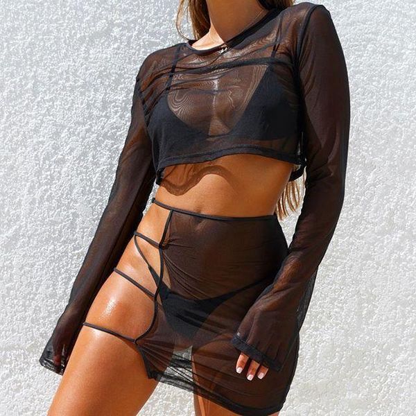 

bkld sheer mesh club 2 two pieces sets women 2019 summer outfits see through long sleeve crop +bodycon party mini skirt1, White