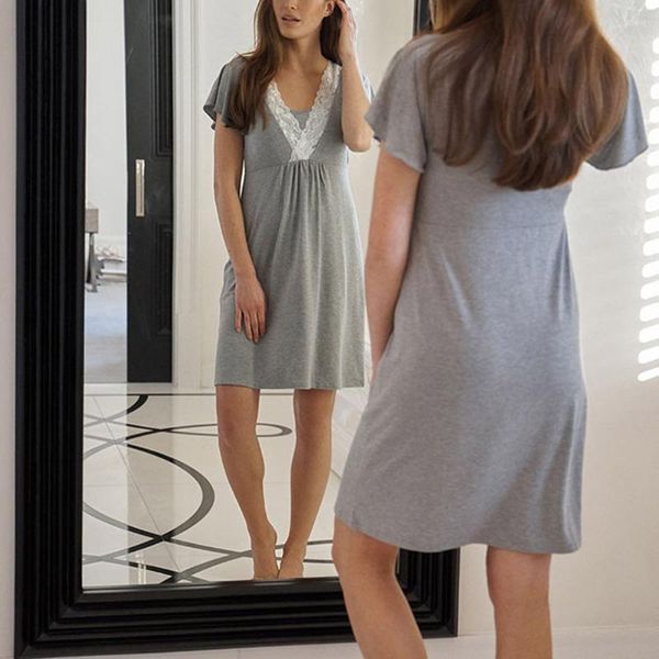

multifunction lace breastfeeding dress summer solid color short-sleeve pregnancy nursing dresses nightdress dresses, White