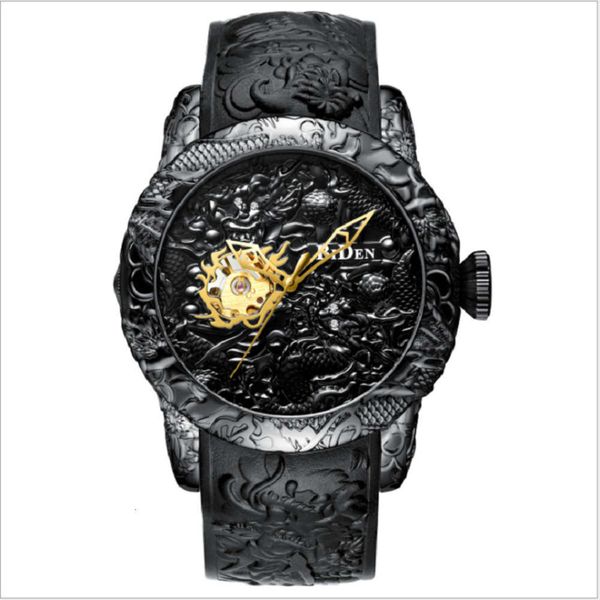

mechanical biden biden hollow out automatic watch dragon pattern business waterproof silicone strap men's watch, Slivery;brown