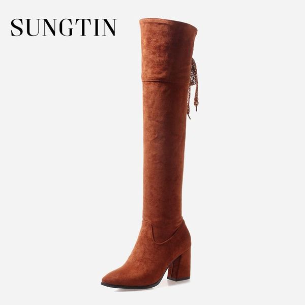 

sungtin plus size 35-47 suede warm autumn winter thigh high boots women square heel slim long boots ladies over the knee, Black