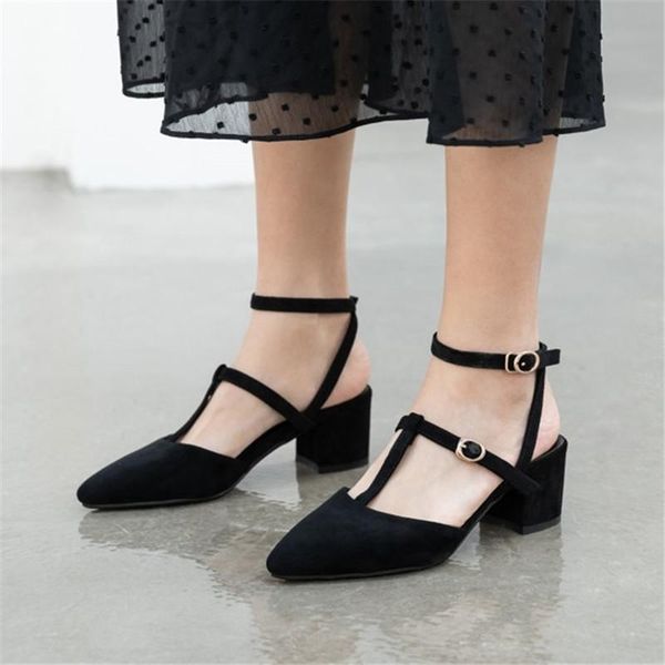 

pxelena 2021 summer retro t strap sandals women faux suede plus size 34-43 chunky block high heels lady shoes pointed toe 34-43, Black