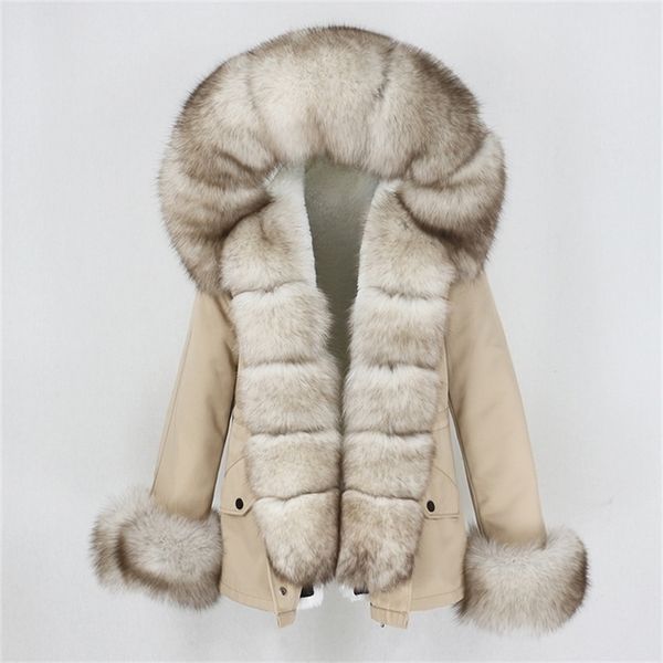 

oftbuy new waterproof short parka winter jacket women real fur coat natural fox fur collar hood warm streetwear detachable 201215, Black