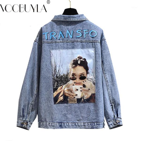 

voobuyla 2019 plus size 6xl slim boyfriend basic jackets women streetwear portrait print denim coeats casual oversize jackets1, Black;brown