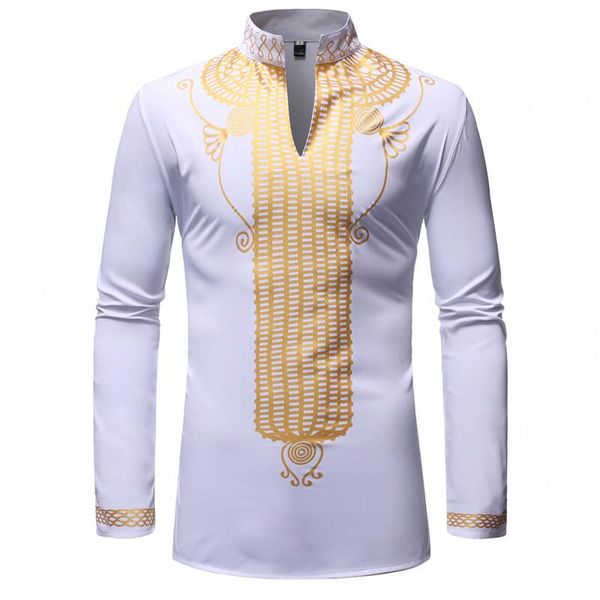 

men's shirt spring and autumn new men's stand-up collar hedging long-sleeved printed shirt fashion ethnic style, White;black