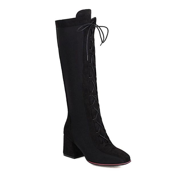 

oversized cross straps square toe thick flock knee-length boots frosted + high-heeled winter short plush women's boots, Black