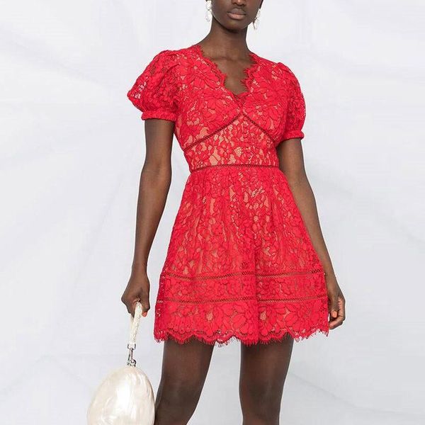 

cbafu new women v neck lace dress backless short sleeve summer mini dress designer runway party red white short m145, Black;gray