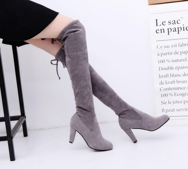 

slim fit elastic flock boots high heel over knee long thigh high boots pointed toe women boot size 35-43, Black