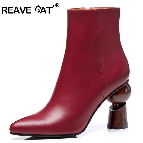 

boots reave cat women genuine leather ankle strange high heels lollipop pointed toe zipper quality black red party a14711