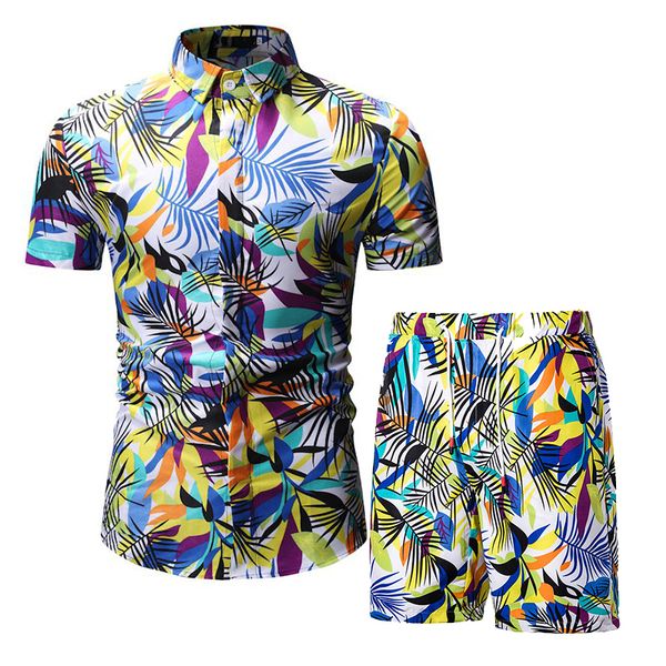 

summer hawaii men's print tracksuit casual short men sports suit holiday shirt+shorts 2 piece sets brand sportswear slim outfits lj2011, Gray