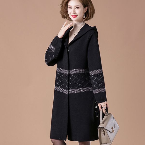 

2021 new women's coat autumn winter mid-length black/greylarge size 6xl middle elderly double-sided wool cardigan ladies overcoat hat4