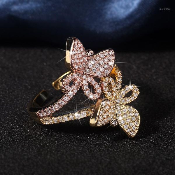 

cluster rings fashion jewelry ladies butterfly ring female shiny gold zircon bride wedding anniversary adjustable gold1, Golden;silver