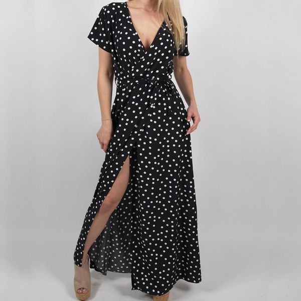 

fashion summer women dress boho holiday polka dot maxi v-neck long shirt dress drop shipping, Black;gray