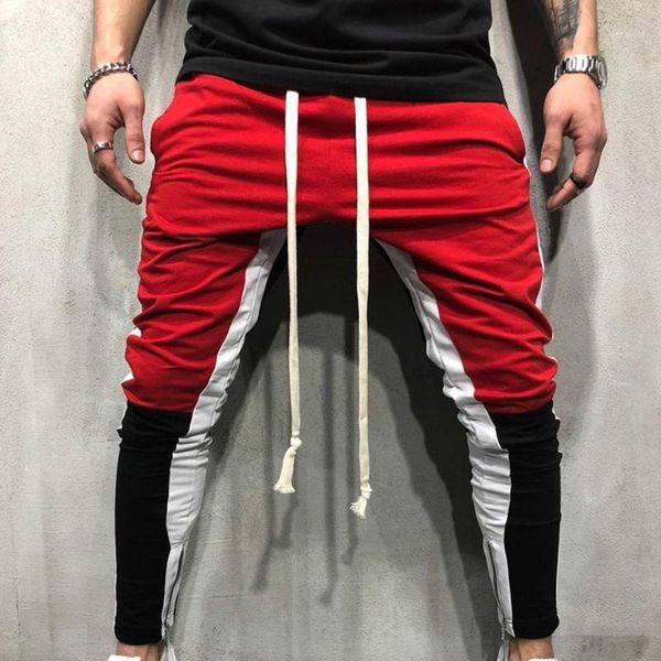 

men hip hop casual side zipper drawstring color block track pants1, Black