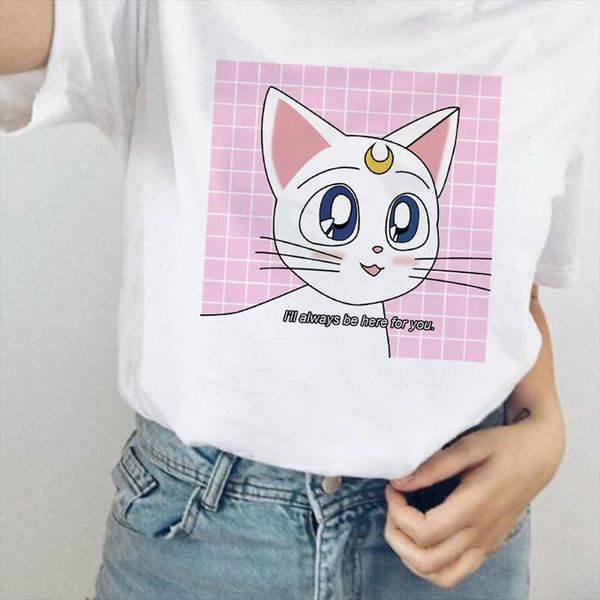 

sailor moon cartoon funny print summer fashion female chic t shirt women harajuku short sleeve ulzzang kawaii cute cat tees, White