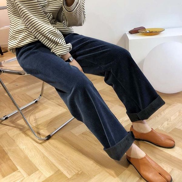 

2021 new autumn woman casual veet long striped pure female clothes high waist stright pants 5s73, Black;white